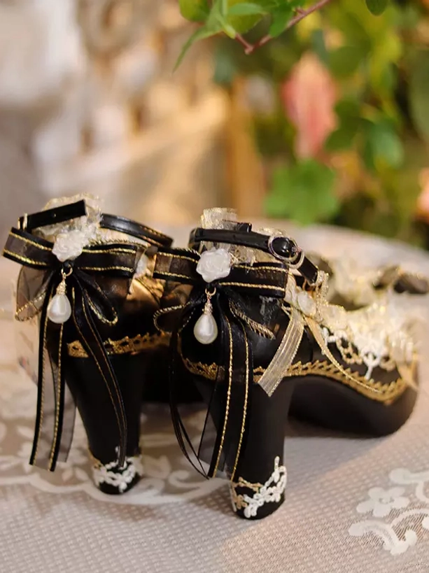 Sweet lolita chunky heel pumps detailed view romantic embellishments pearls rhinestones lace overlay