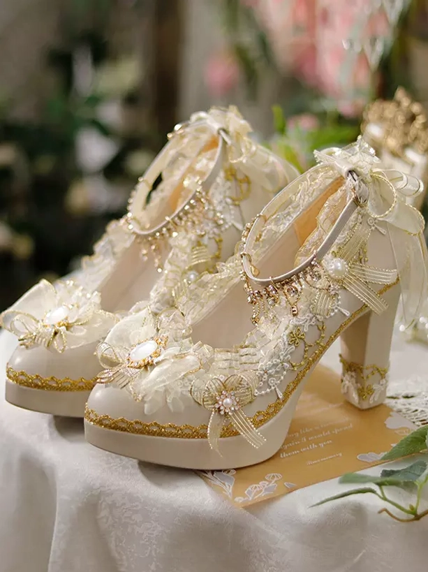 Matching pair lolita pumps platform block heel jeweled flower accents ecru white romantic style
