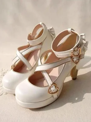 Off-white lolita high heel pumps with back bow decoration and heart gold buckles crisscross ankle straps