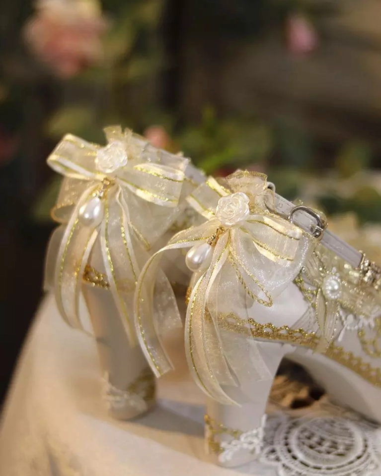 Sweet lolita chunky heel pumps rear angle large satin bows pearl charms sheer lace overlay
