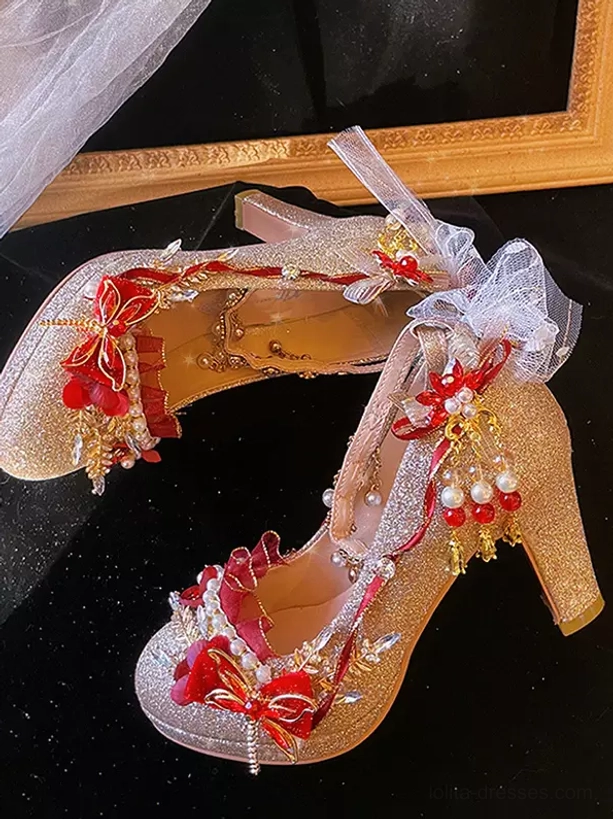 lolita-wedding-pumps-side-flatlay-gold-color-block-red-floral-decorations-sheer-mesh-bow-accents