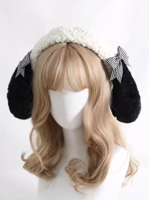 Lolita headdress beret with dual side gingham ribbon bows, three-quarter front angle showing fuzzy fleece texture and plush ear details