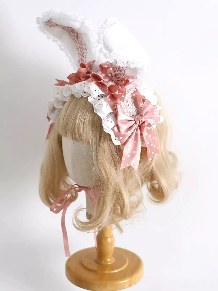 Pink satin bow lolita rabbit ear headband with white ruffled lace and light pink inner ears left side view