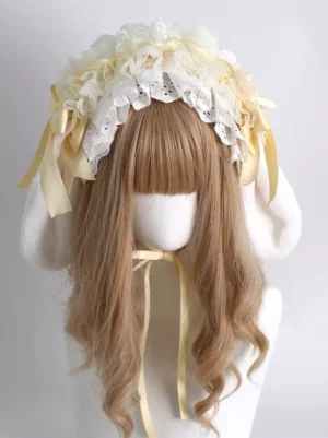 Lolita rabbit ear hairband with eyelet lace trim and adjustable yellow neck strap shown in front three-quarter angle on mannequin with long wavy brown hair, displaying side profile of white fluffy ears