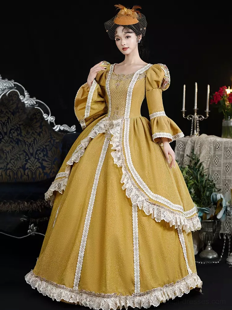 Front angled view of european court-inspired lolita formal dress with full ball skirt, ornate lace trims, and puff bell sleeves on model with vintage headpiece