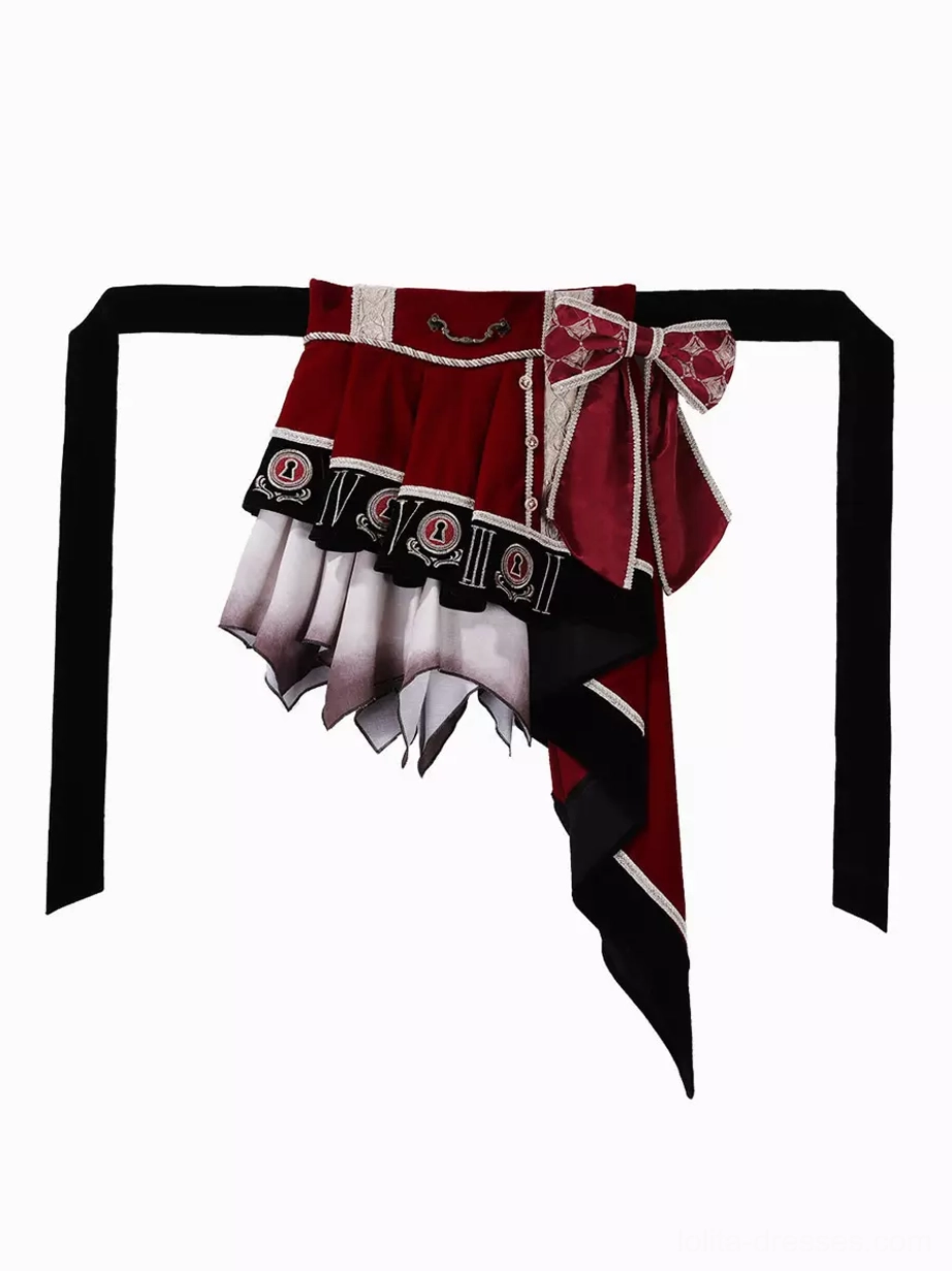 Separated asymmetrical ruffle skirt component showing red and black color blocking, high-low hem design, and decorative waist bow accent