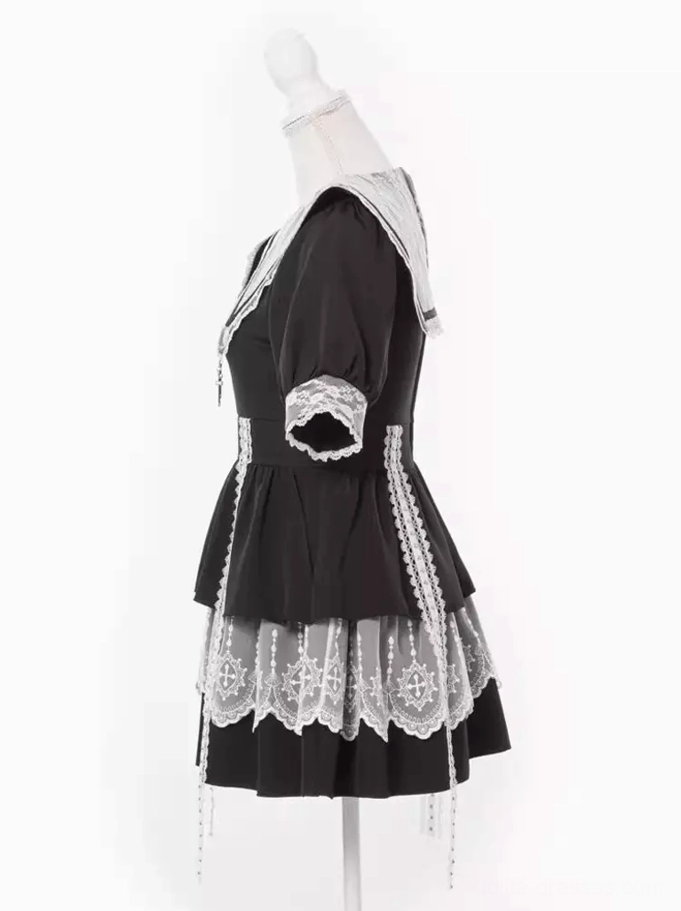 Gothic lolita sailor dress size chart and measurement reference guide showing bust waist length sleeve specifications for sizes M L XL XXL