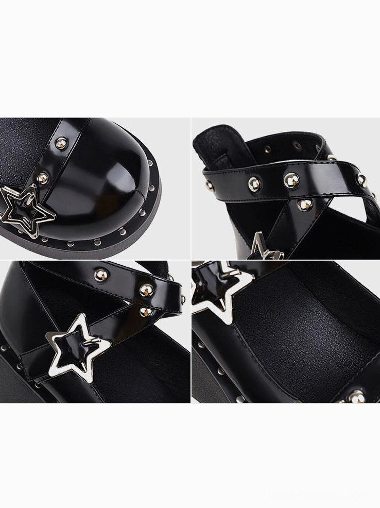 Close-up macro detail shots of lolita shoe showing studded straps, silver star buckles, sole edge studs, and interior polyurethane lining texture