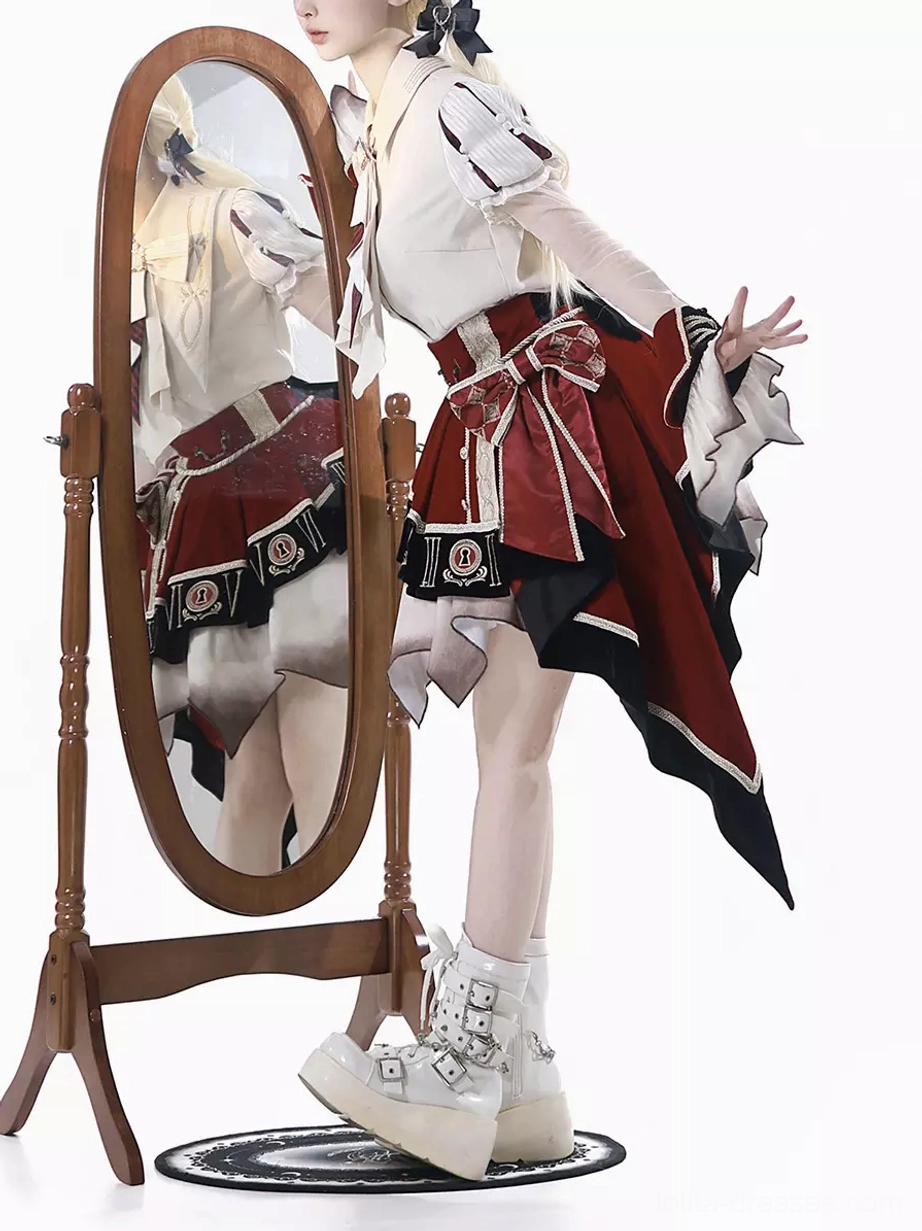 Side pose of lolita model wearing circus-themed coordinate with platform boots, decorative waist bow, and asymmetric ruffle skirt detail