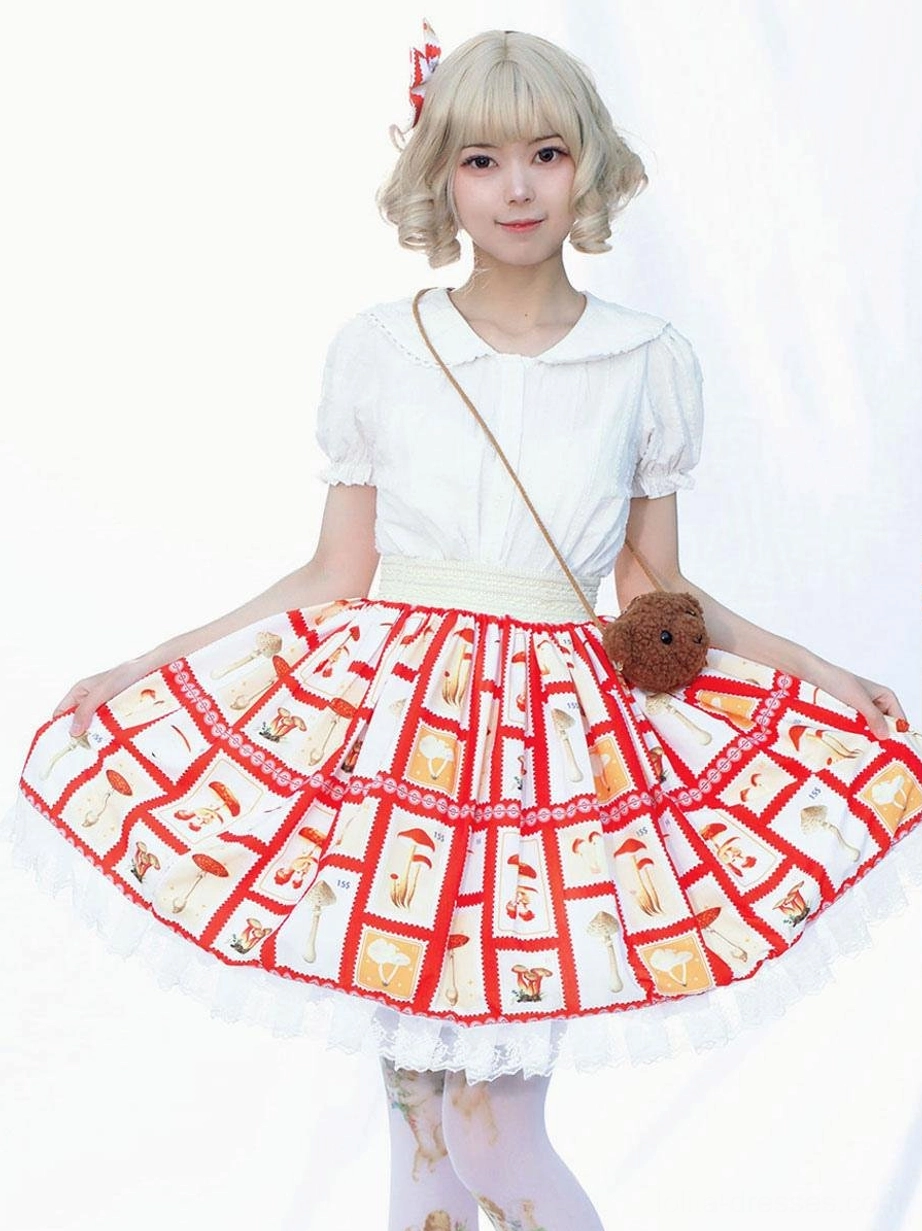 Red and white floral Lolita skirt low front angle showing wide flared ruffled bottom edge voluminous silhouette