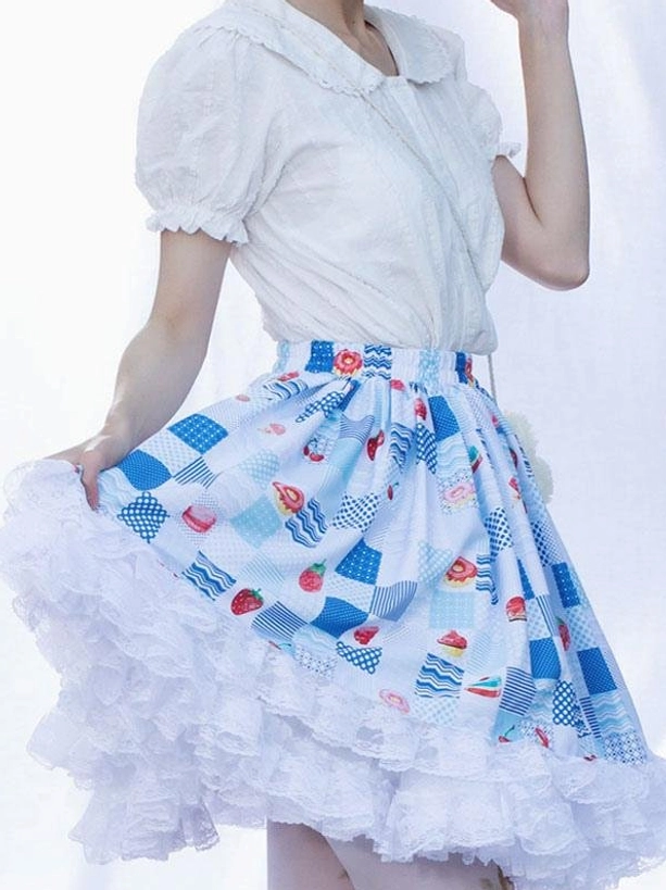 Sweet lolita SK skirt side three-quarter view puff sleeve blouse outdoor park green trees checkered fruit print white lace ruffled hem