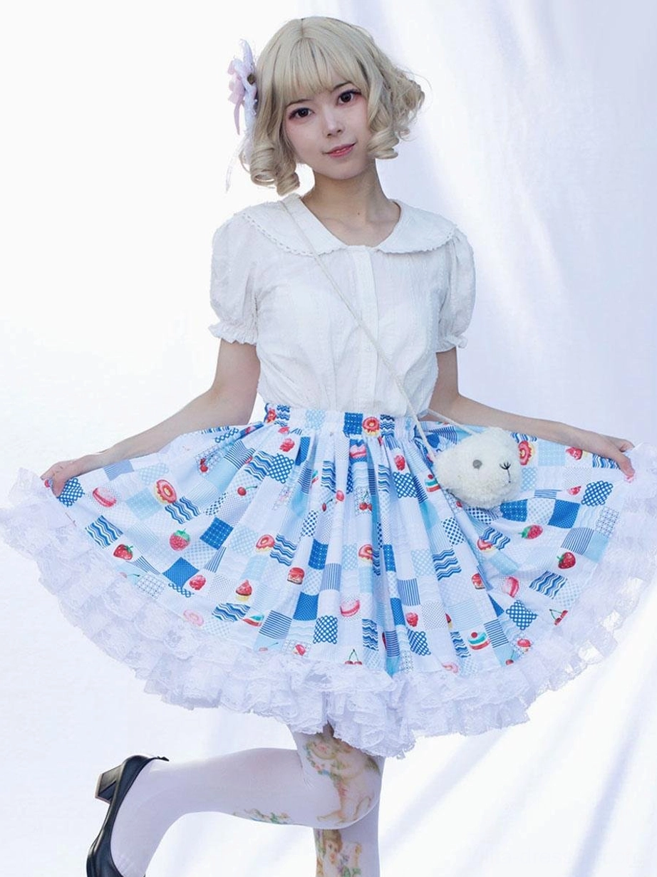 Lolita SK skirt side full shot studio white background flared printed skirt black loafers tights sweet lolita coordinate styling