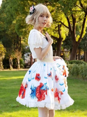 Lolita skirt side view left profile puffed short sleeves high elastic waistband pastoral design
