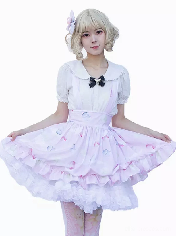 full a-line lolita skirt silhouette front view layered ruffled lace hem soft pink floral print