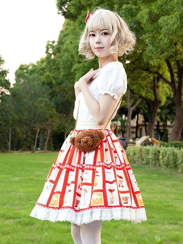 Red white Lolita skirt outdoor setting with model wearing pastoral style outfit in grass park