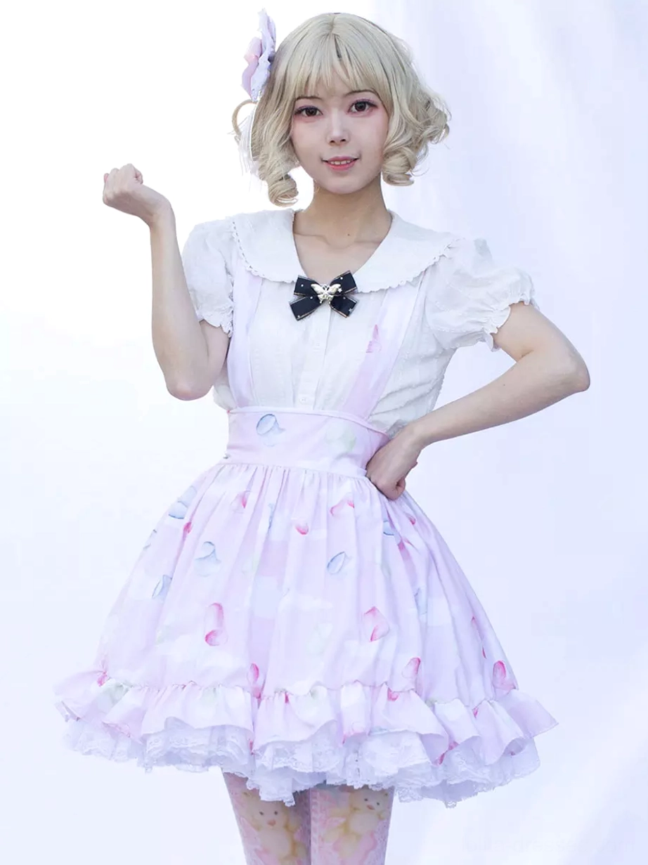 lolita skirt three-quarter side view short puff sleeves fitted waist design ruffled lace hem studio