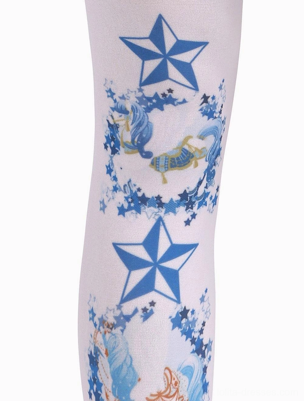 Close-up detail of blue printed Lolita socks showing intricate pentagram stars and framed fairy tale illustrations knee and lower leg