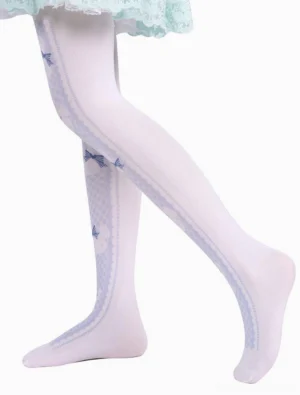 Lolita printed socks side back perspective leg view showing decorative lace trim and pattern prints on outer surface mint lace skirt