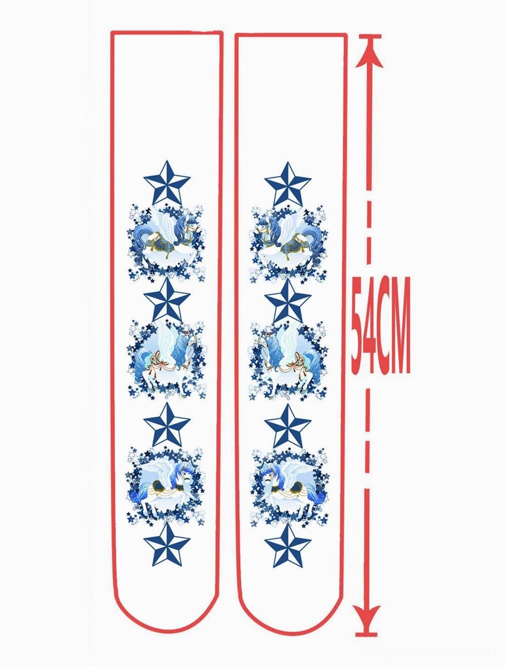 Lolita socks size specification chart showing 54cm total length measurement and print pattern consistency blue fairy tale design