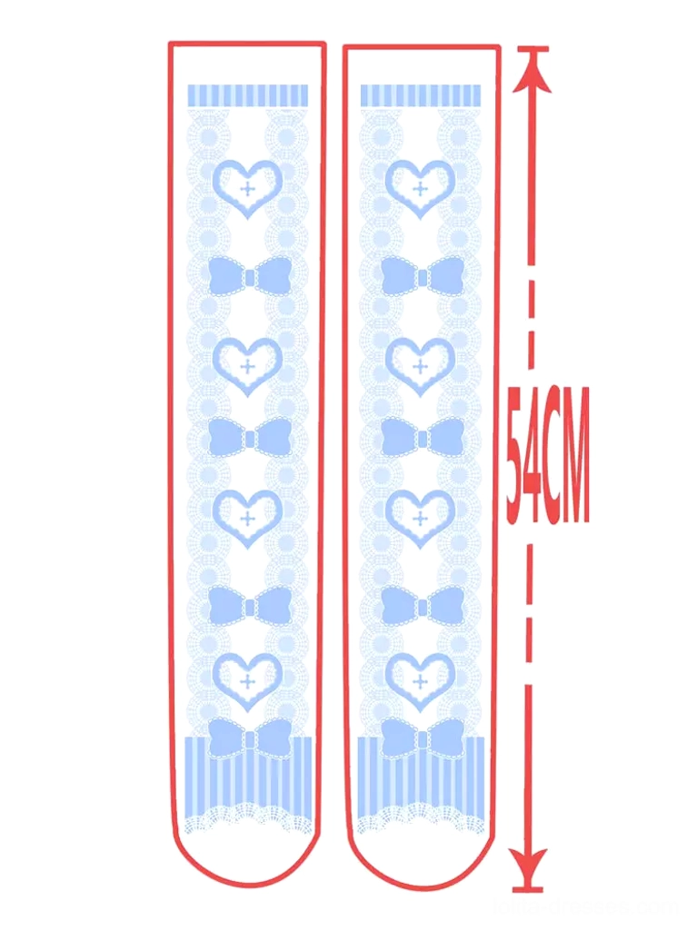Flat lay technical diagram of over-the-knee lolita socks showing 54cm total length measurement, white base color, and light blue heart bow print pattern distribution