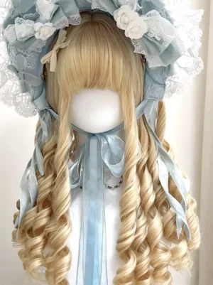 Lolita wig with light golden blonde spiral curls paired with blue lace bonnet headdress front styling