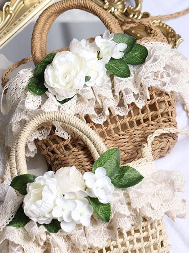 Two styles of decorated lolita straw bags flat lay top-down view brown beige weaves lace floral decor comparison