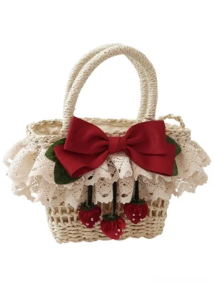 Lolita woven straw handbag front flat lay view on white background, displaying full design with lace edging, decorative bow accent, and complete silhouette of this romantic lolita accessory