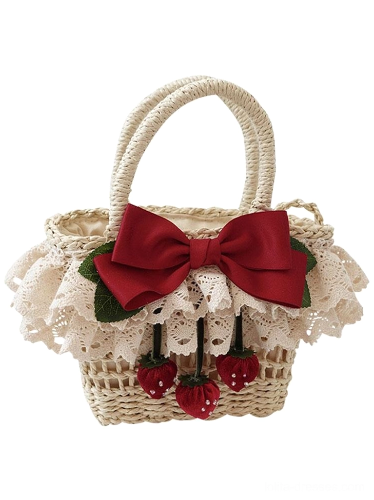 Lolita woven straw handbag front flat lay view on white background, displaying full design with lace edging, decorative bow accent, and complete silhouette of this romantic lolita accessory