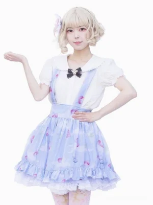 sweet-lolita-suspender-skirt-peach-floral-print-three-quarter-front-view-white-background-with-matching-blouse