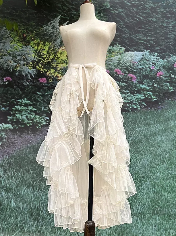Detachable ruffled lolita train accessory with tie-up waist and layered tulle ruffles photographed from front central position