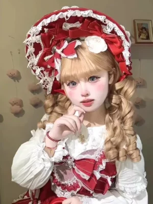 Rococo-inspired Lolita bonnet headdress three-quarter view worn by girl in coordinated red and white dress with matching bow details, studio setting with plush wall decor