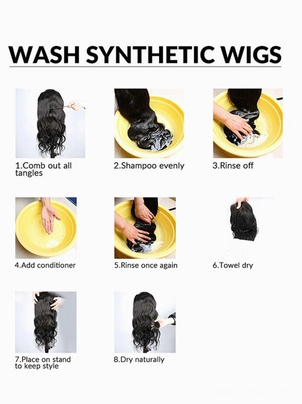 Synthetic wig care and cleaning tutorial guide demonstrating 8 step-by-step instructions for washing maintenance and proper drying of lolita wig