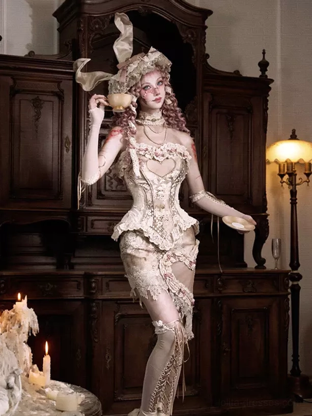 Lolita tea party complete look featuring cream lace arm covers with matching leg covers, asymmetrical lace skirt, vintage mansion interior setting, holding tea set accessories