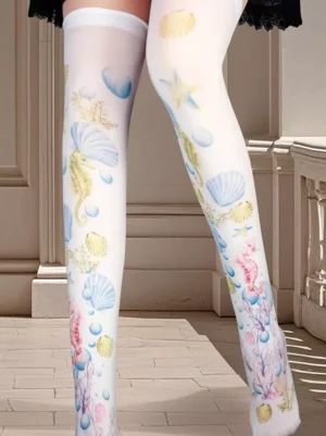 Sweet lolita thigh high white sheer socks marine print design front full length view elastic top band