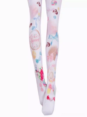 Sheer white Lolita socks with colorful sweet-themed printed patterns shown on doll legs, front straight-on view demonstrating full coverage and design clarity