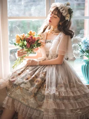Vintage-inspired lolita dress with tiered ruffle skirt and sunflower botanical print, modeled seated by window with flower bouquet, showcasing elegant proportions and romantic aesthetic