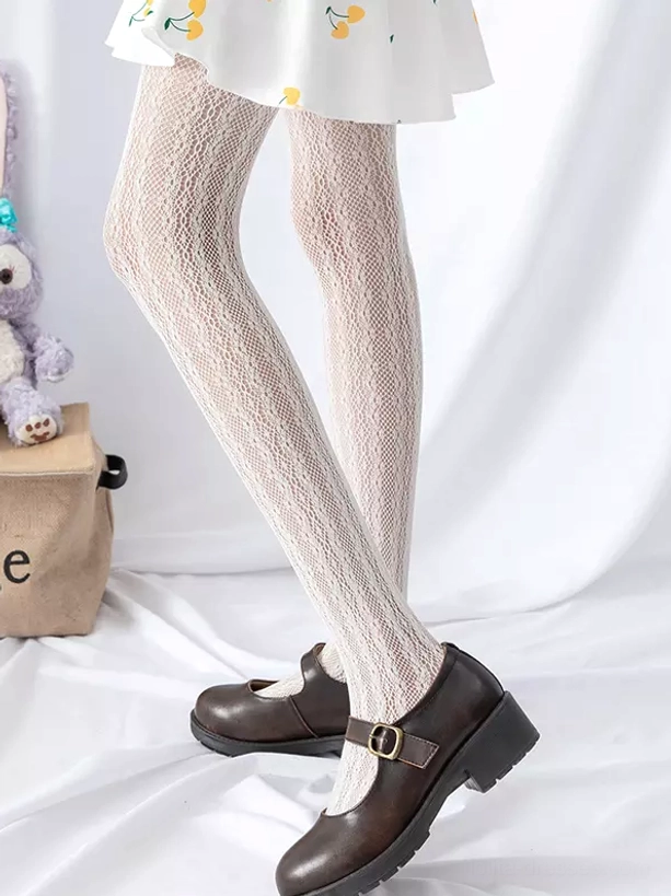Lolita fishnet and mesh tights collection featuring black striped and beige diamond patterns perfect for sweet classic traditional lolita coordinates