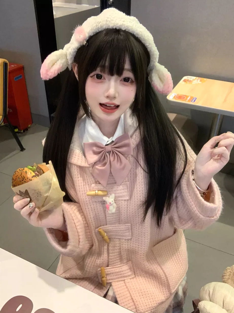 waffle knit lolita toggle coat polyester fabric texture close up horn button detail hooded design