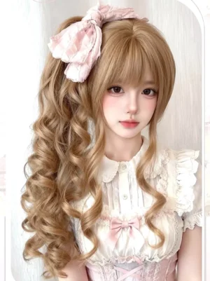 Sweet lolita girl wearing golden brown twin ponytail curly wig with pink bow, styled with pastel lolita dress and coordinated accessories, half-body modeling shot