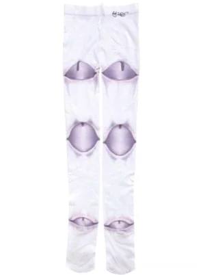 Flat lay studio view of white velvet Lolita pantyhose with purple eye motif prints at knees and ankles, full product display showing design pattern and waistband details