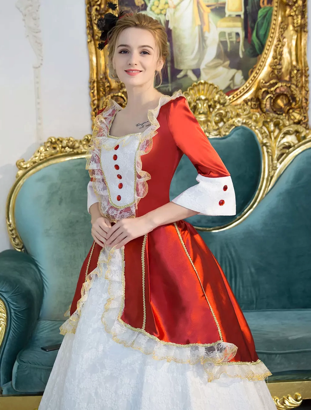 Classic Lolita Victorian formal dress close-up portrait showing red bodice with front button detailing, white cuffs with red buttons, pale facial expression in luxury palace background