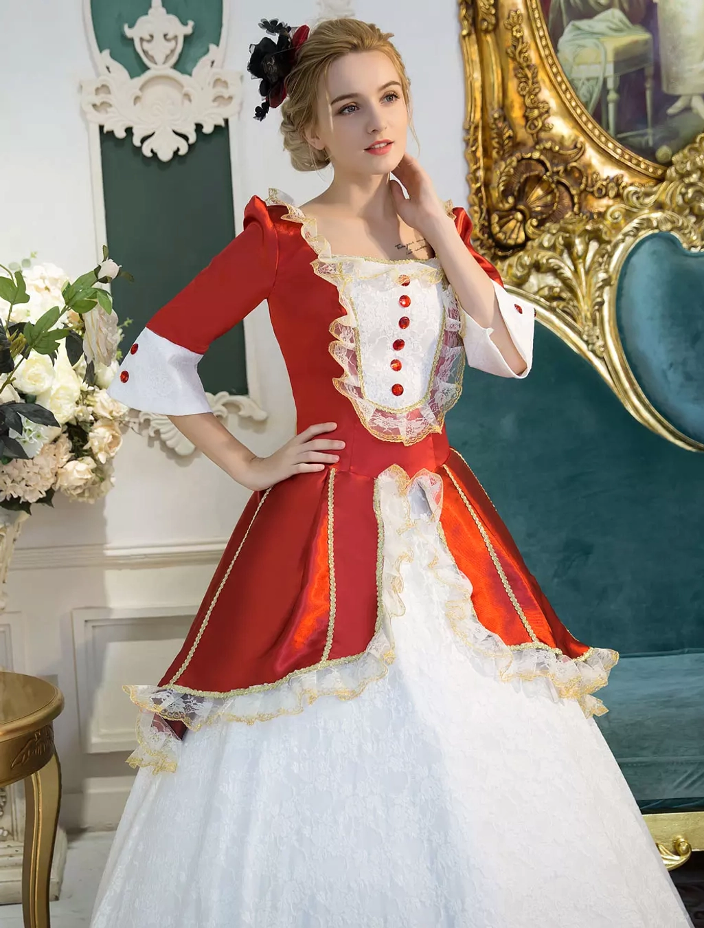 Classic Lolita Victorian maid dress side front pose with hand on hip, featuring square neckline, bell sleeves, front button details, and floor-length layered lace skirt in palace setting
