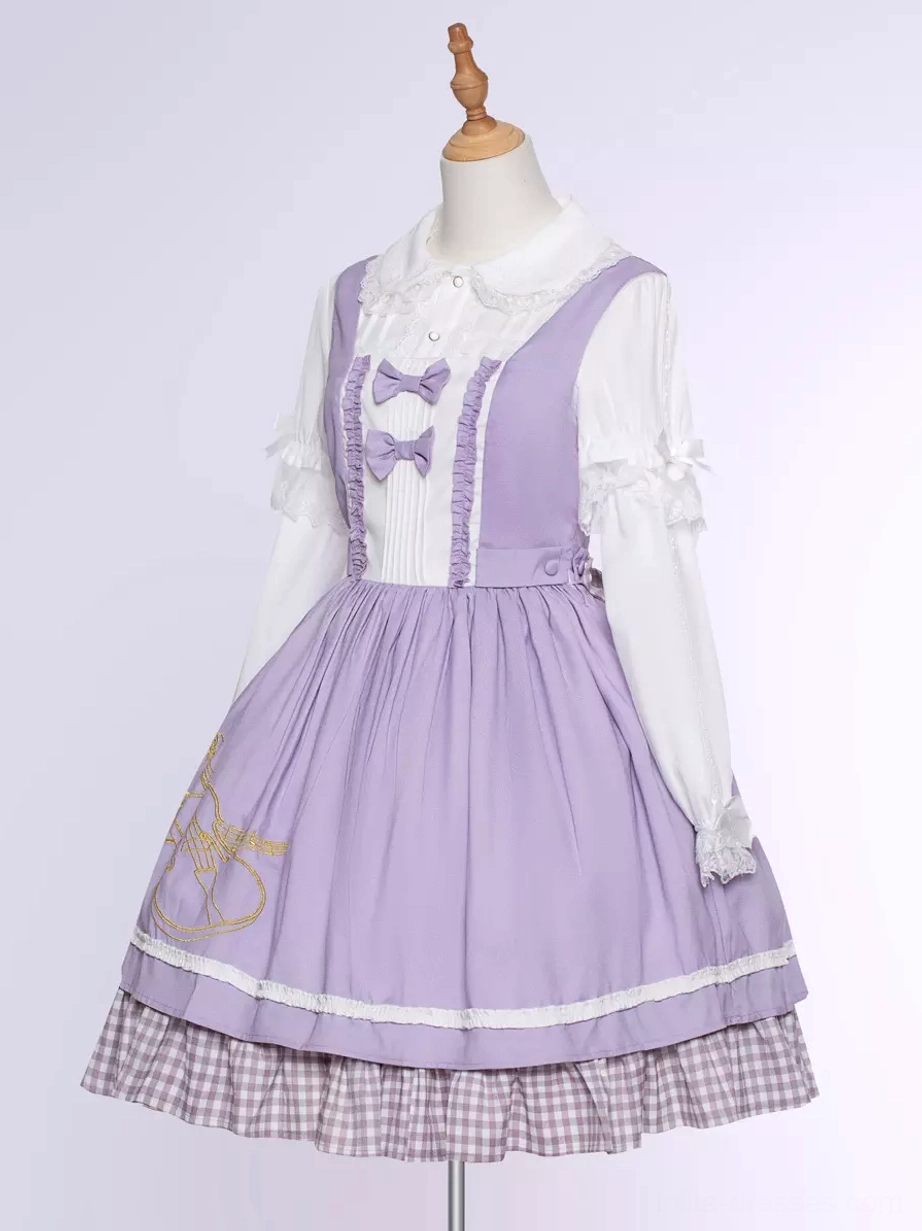 Sweet lolita purple violin JSK dress detail shot showing violin embroidery golden threads and intricate embellishment work