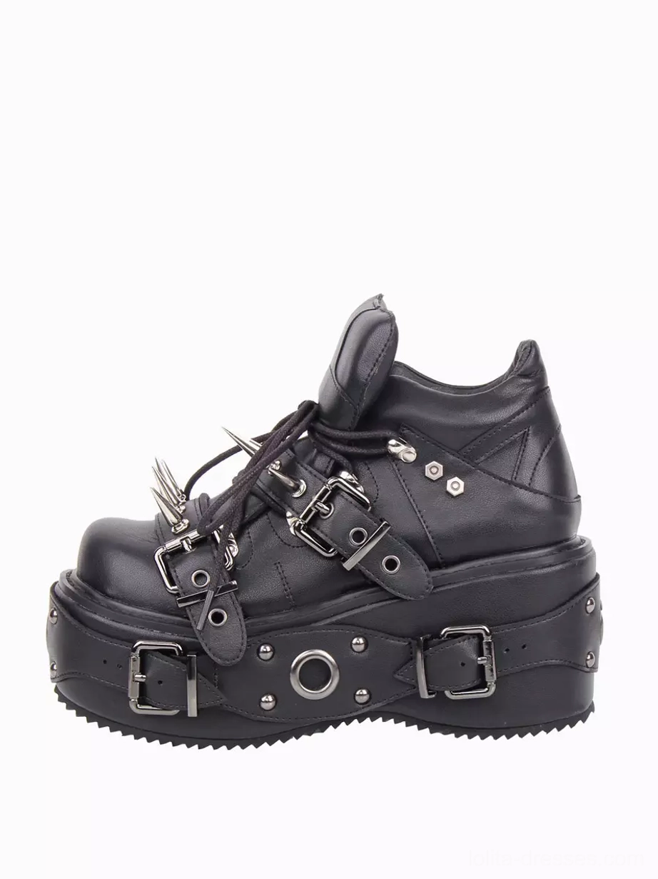 Left side profile view of Gothic Lolita boots featuring studded platform spike rivets and high-top construction on white background