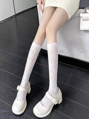 white floral lace knee-high socks lolita college style mesh stockings side view legs indoor