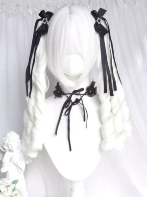 white-twin-pigtail-lolita-wig-with-black-ribbon-bows-and-lace-choker-front-view-mannequin
