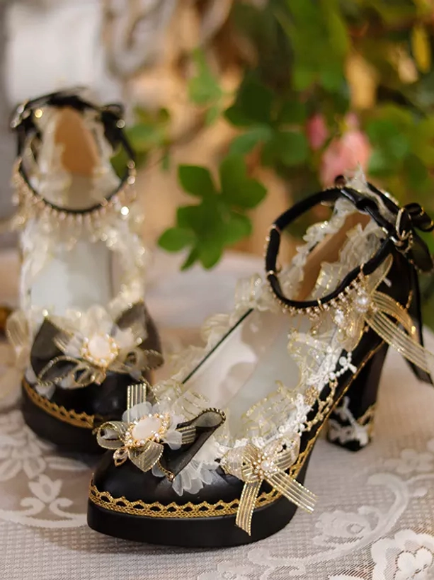 Lolita white pumps full product showcase chunky heel ornamental bows floral decorations sweet style