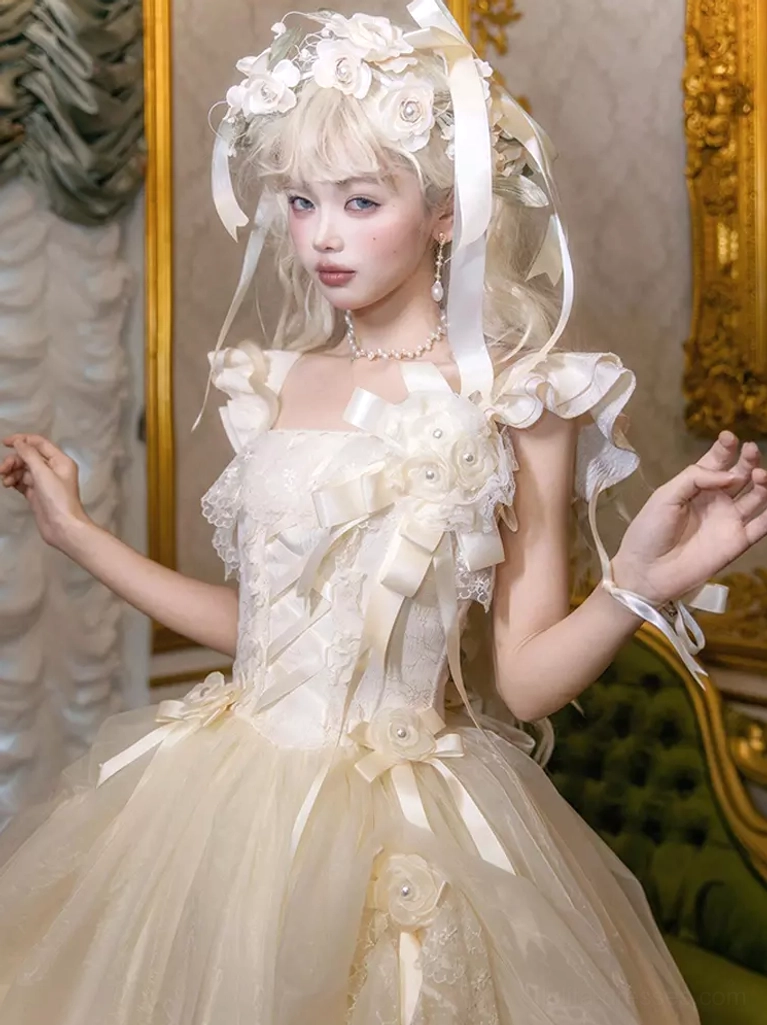 Close-up front bust detail of white Lolita wedding dress showing floral embellished bodice and satin ribbon waist trim, model with floral headpiece in gilded vintage setting