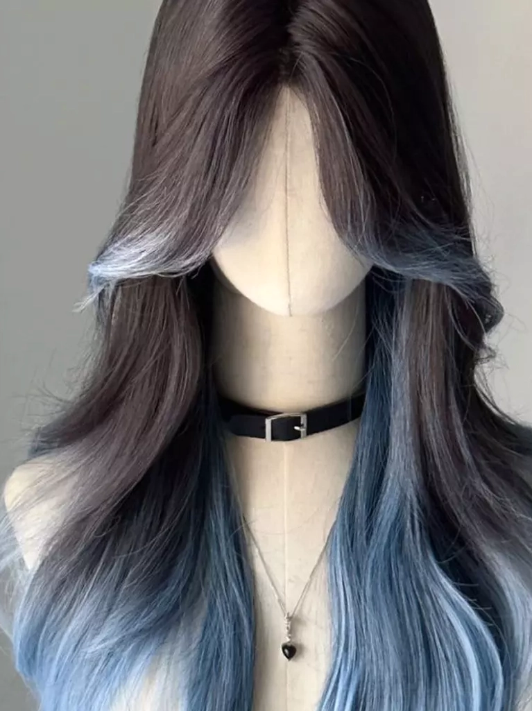 Close-up front view of brown-to-blue ombre Lolita wig with black buckle choker and heart pendant