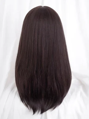 Back view of brownish black long lolita wig showing full-length straight hair coverage uniform dark brown-black color and neat finished ends